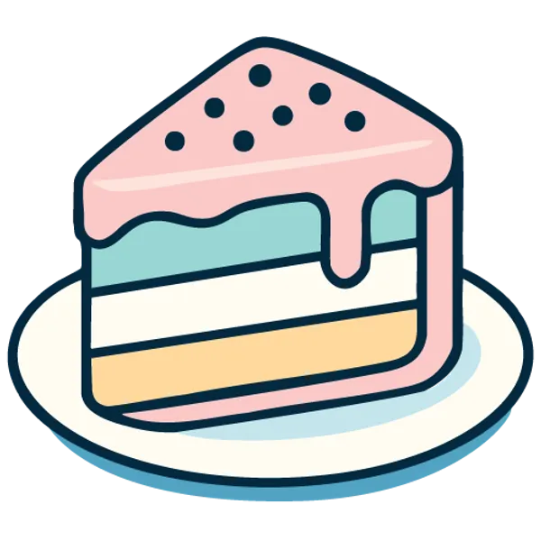 A playful and clever logo illustration of a slice of cake on a plate, styled like a digital illustration or modern vector art. The cake has soft pastel layers with dripping icing, but instead of traditional sprinkles, the top is dotted with small black peppercorns.
